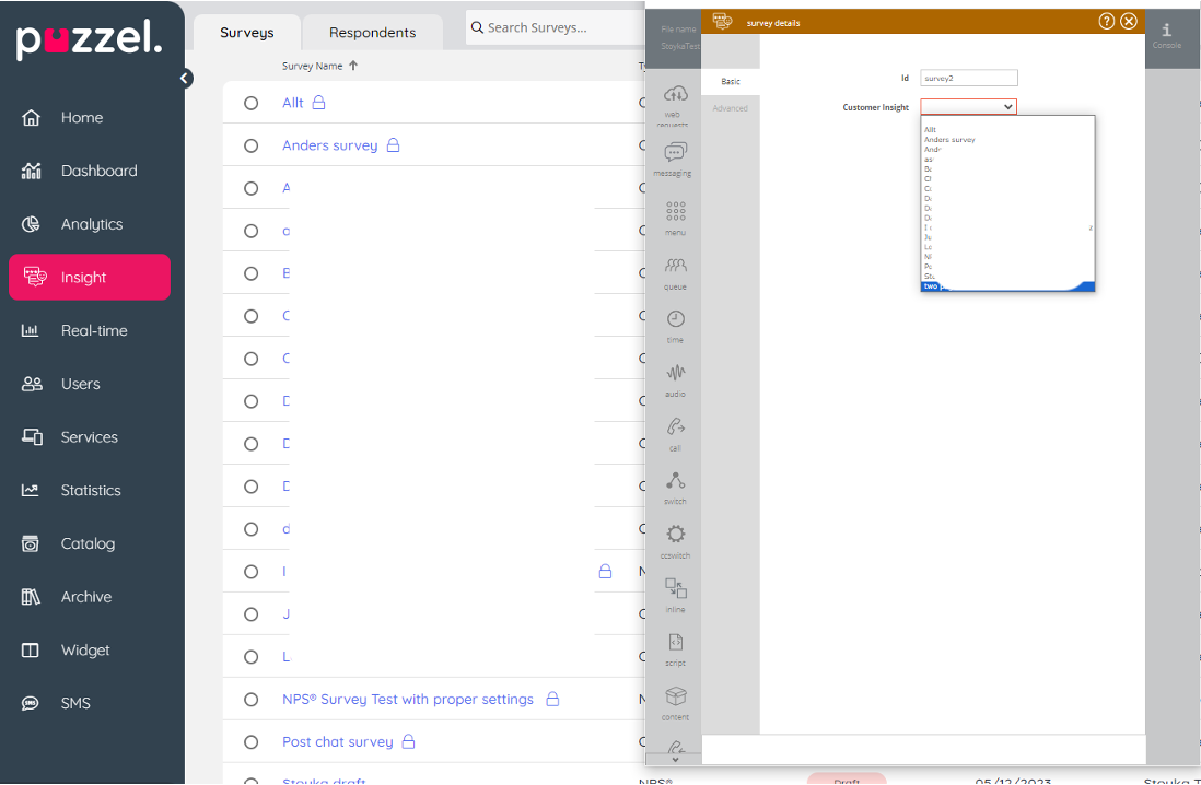 Screenshot of Puzzel's Admin view focusing on Custom Insight Survey