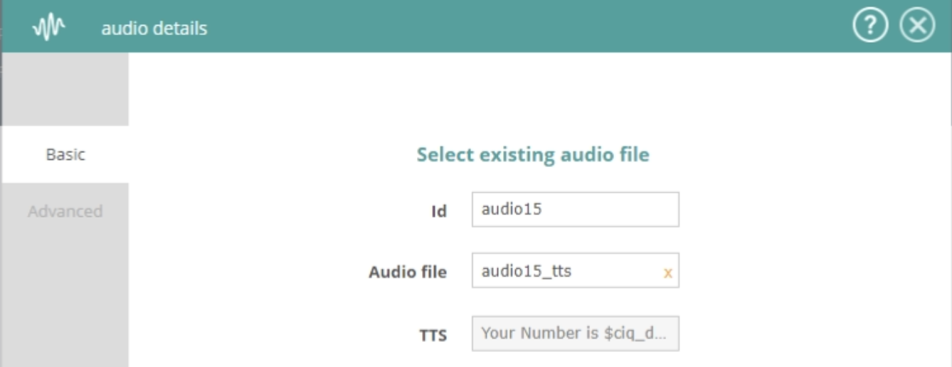 Screenshot of a Call Flow Tool (CFT) module - Audio, with an example of a created TTS with a variable