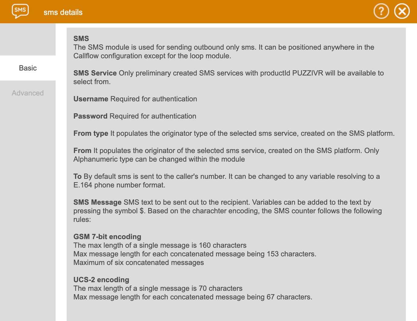 Screenshot of the CFT SMS module's Help view