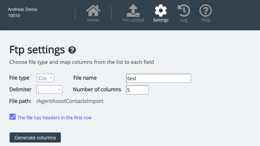 Contacts Import FTP Settigs